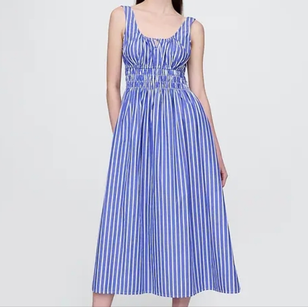 NWT - GAP Cotton Poplin Blue Stripe Smocked Waist Midi Dress - Size L
